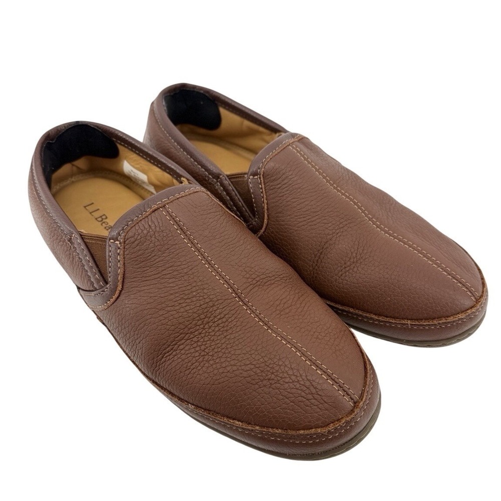 LL Bean Elkhide Leather Slippers Mens 10 Brown Slip On Moc House Comfort Shoes